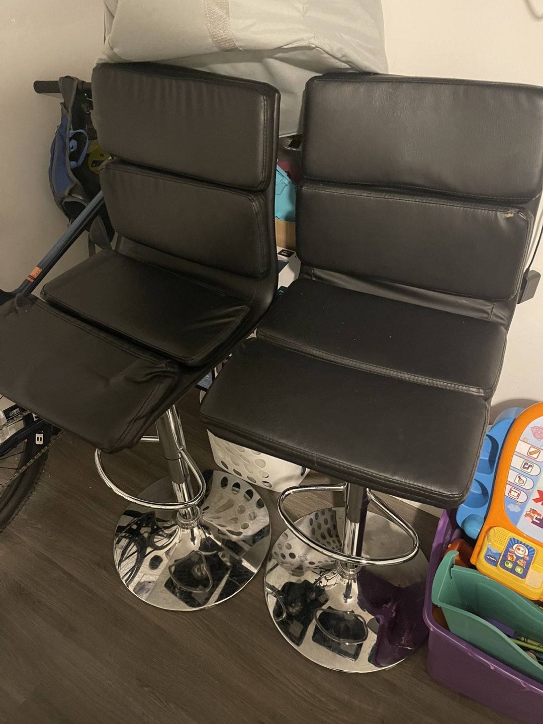 Pair of Black Leather Bar Stools
