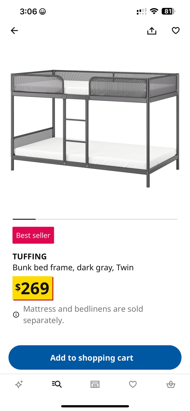 IKEA Tuffing Bunk Bed Frame - Dark Grey Twin