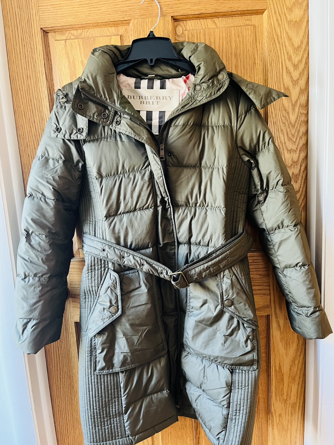 Burberry Brit Olive Green Down Coat with Belt