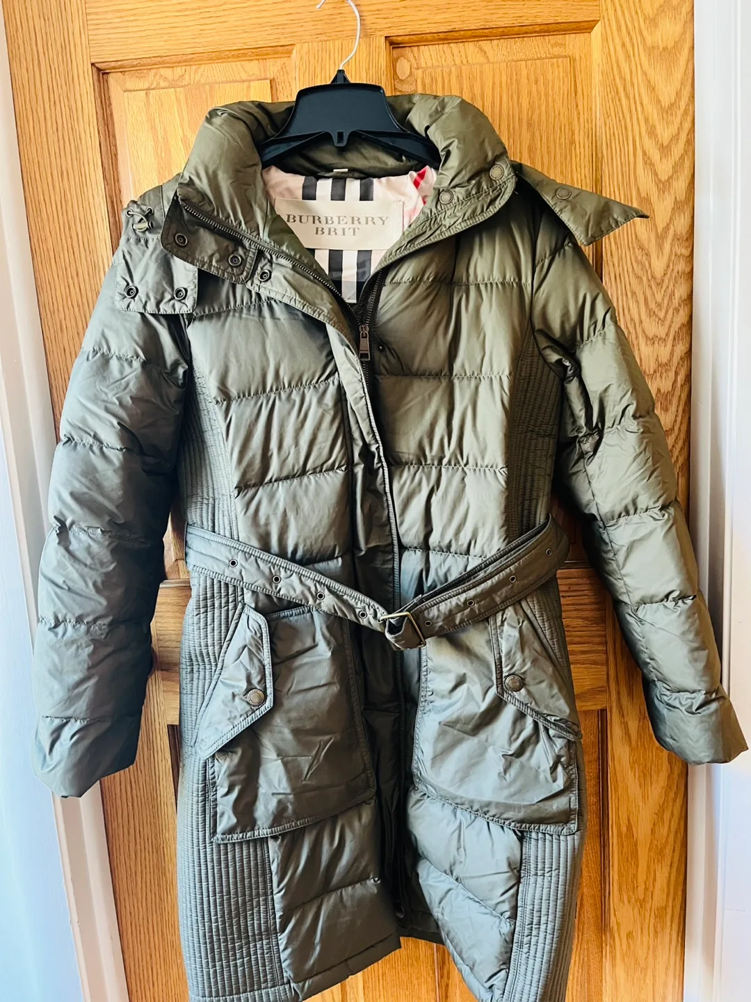 Burberry Brit Olive Green Down Coat with Belt thumbnail