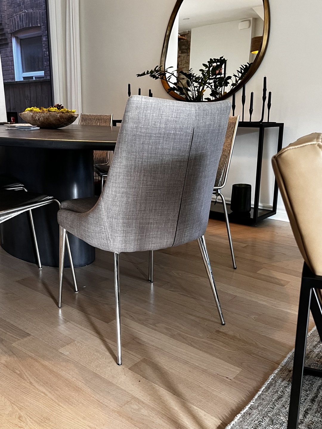 Modern Dining Chair - Grey Fabric and Chrome Legs