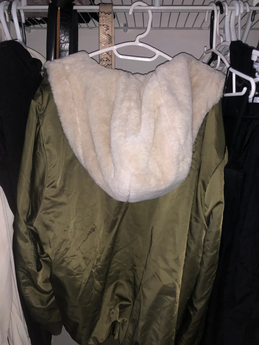 Olive Green Fuzzy Bomber Jacket image indicator(2)