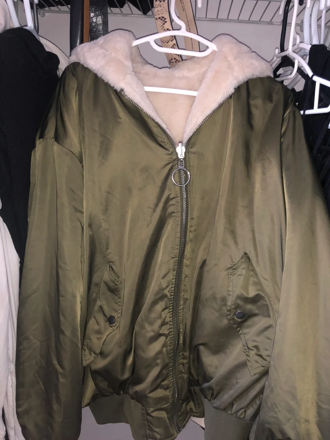 Olive Green Fuzzy Bomber Jacket image indicator(3)