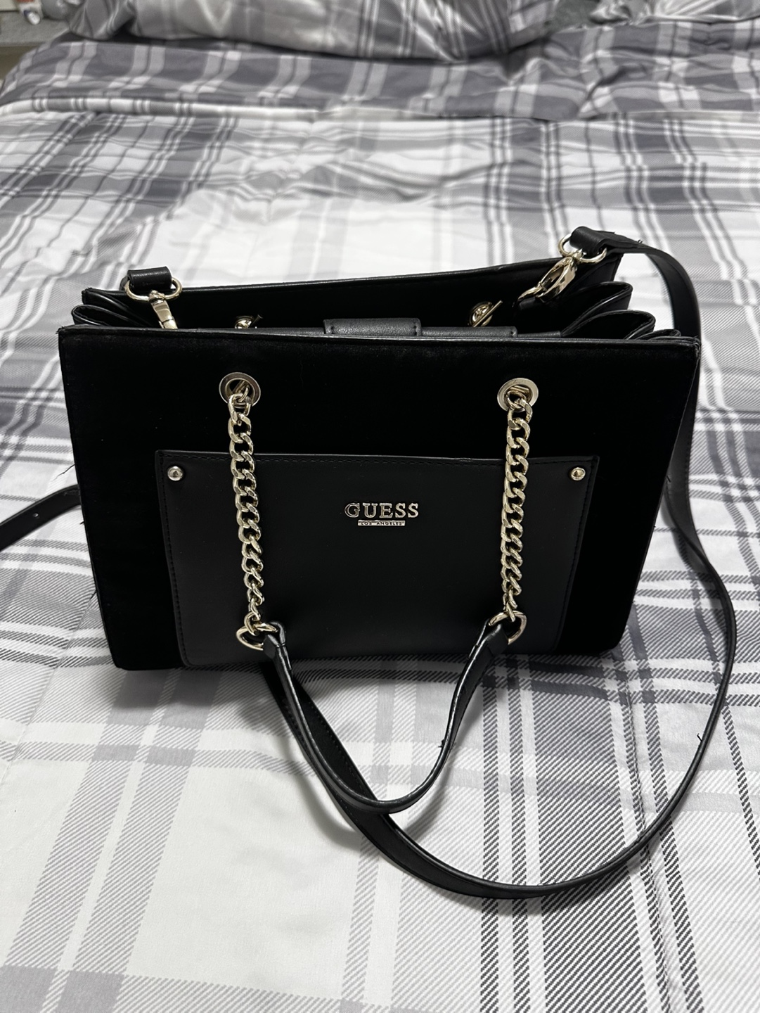 GUESS Black Velvet Tote Bag with Chain Strap