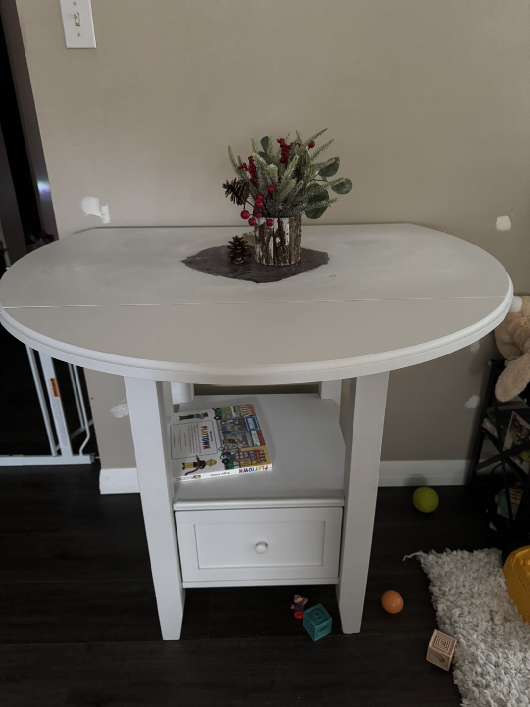 White drop leaf table with storage