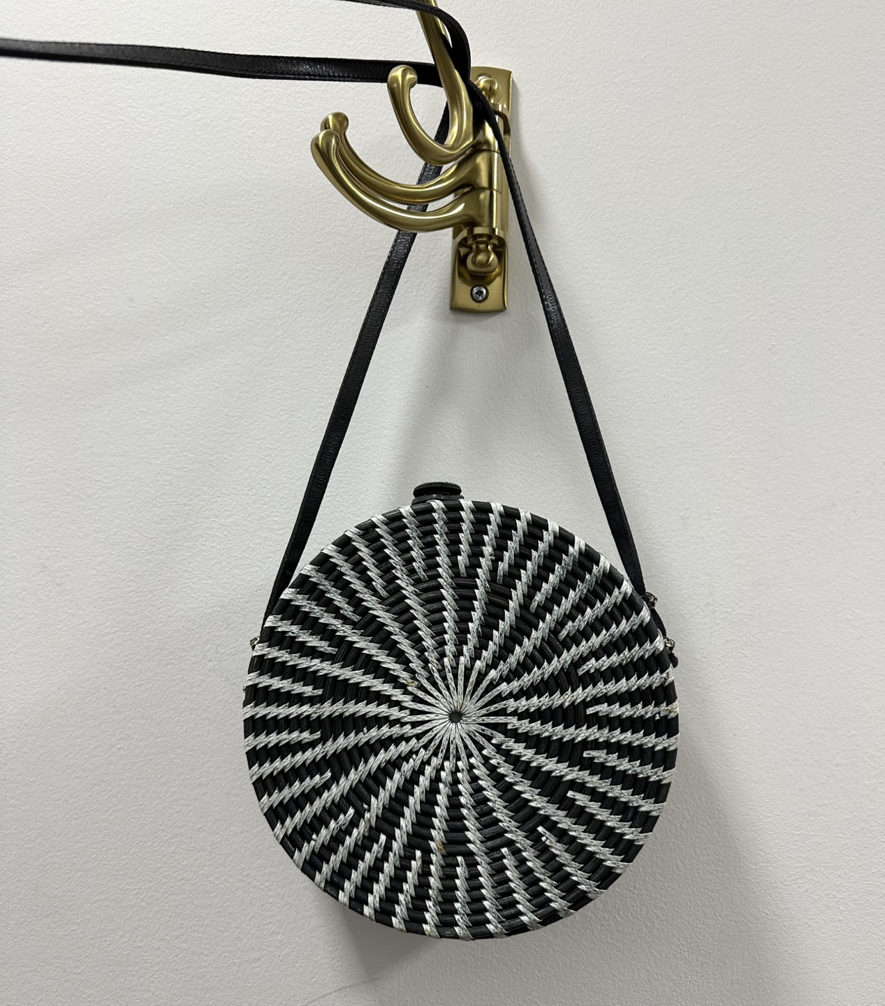 Black and White Round Woven Crossbody Bag