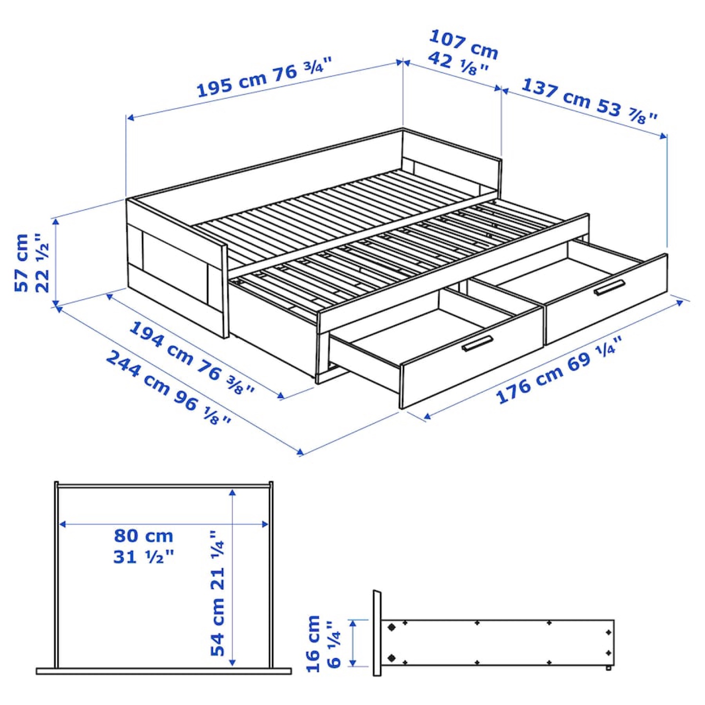 Ikea Daybed frame with 2 drawers, white, Twin - photo 5