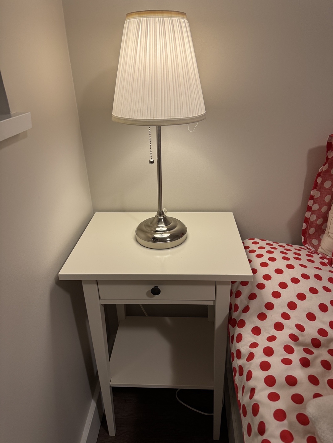 White IKEA Nightstand with Drawer and Shelf