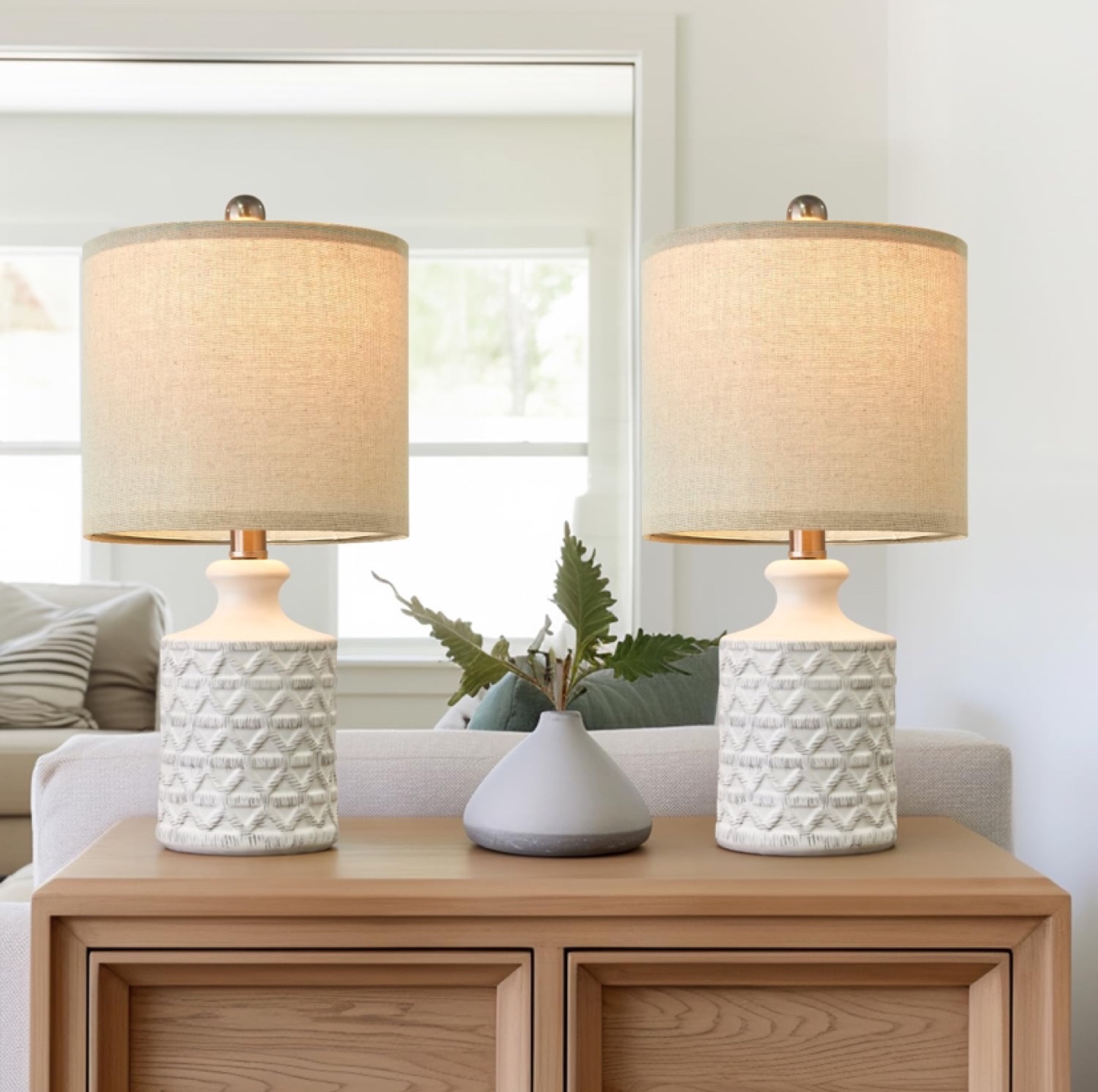 Pair of Farmhouse Style Ceramic Table Lamps with Linen Shades
