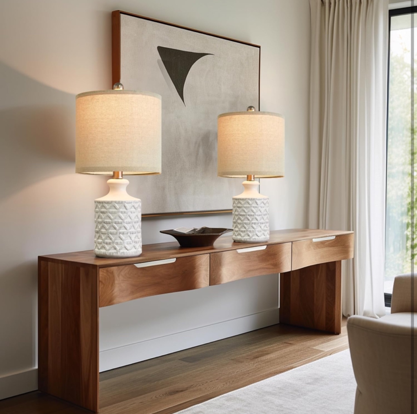 Pair of Farmhouse Style Ceramic Table Lamps with Linen Shades - photo 2