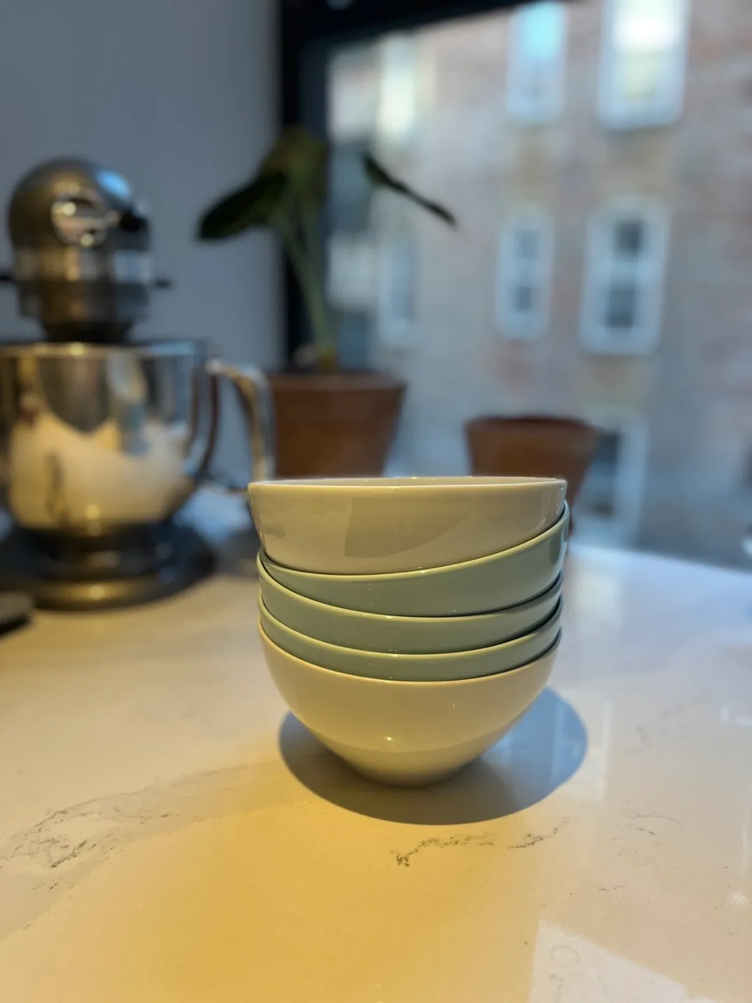 Set of 5 Ceramic Bowls - White and Light Blue thumbnail