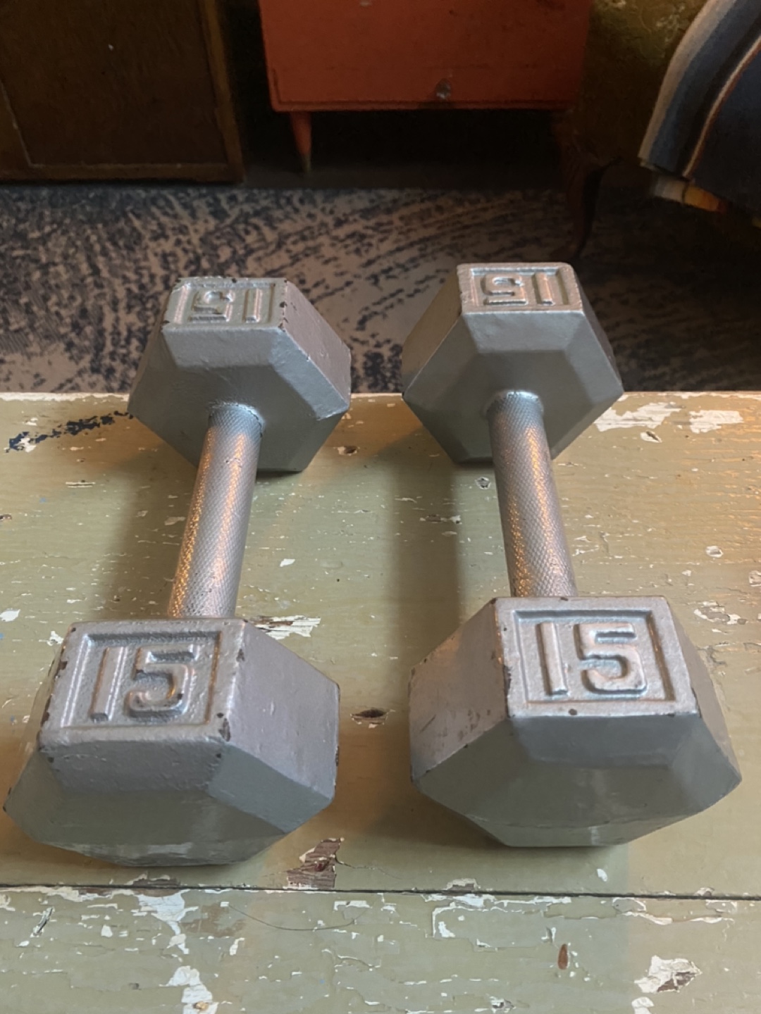 Vintage Pair of 15lb Hex Dumbbells