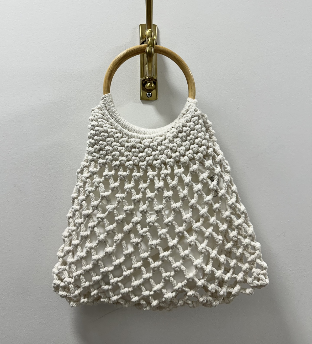 Cream Crochet Handbag with Wooden Handle
