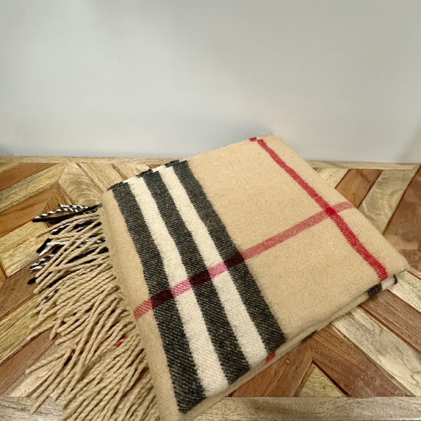 Beige and Black Plaid Scarf with Tassels