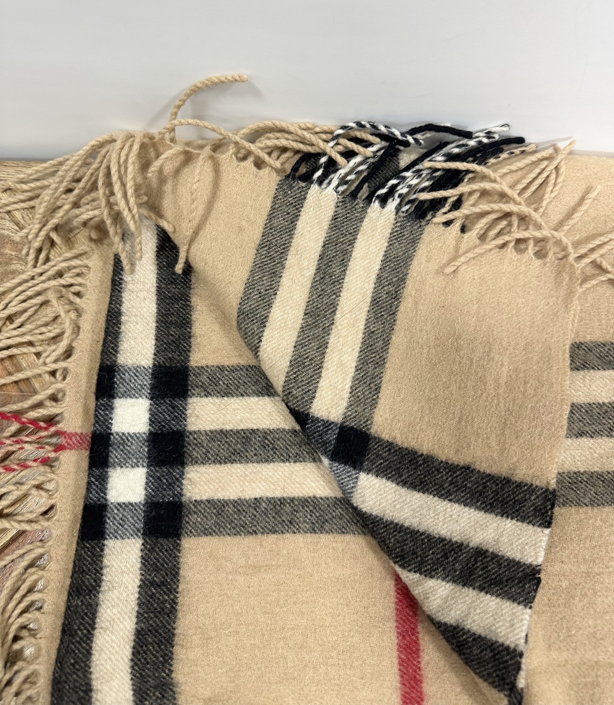 Beige and Black Plaid Scarf with Tassels - photo 2