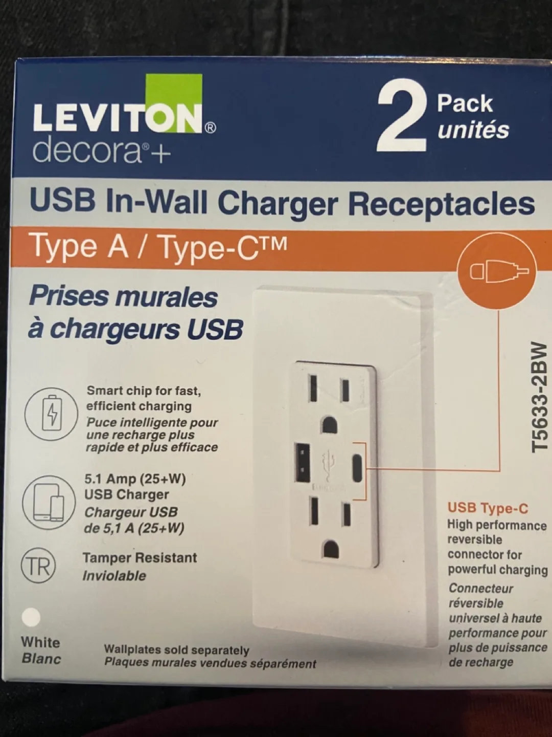 Leviton Decora + USB In-Wall Charger Receptacles (2-Pack)