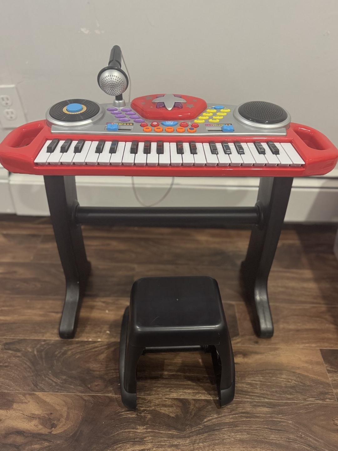 Kids' Red Keyboard with Microphone and Stool