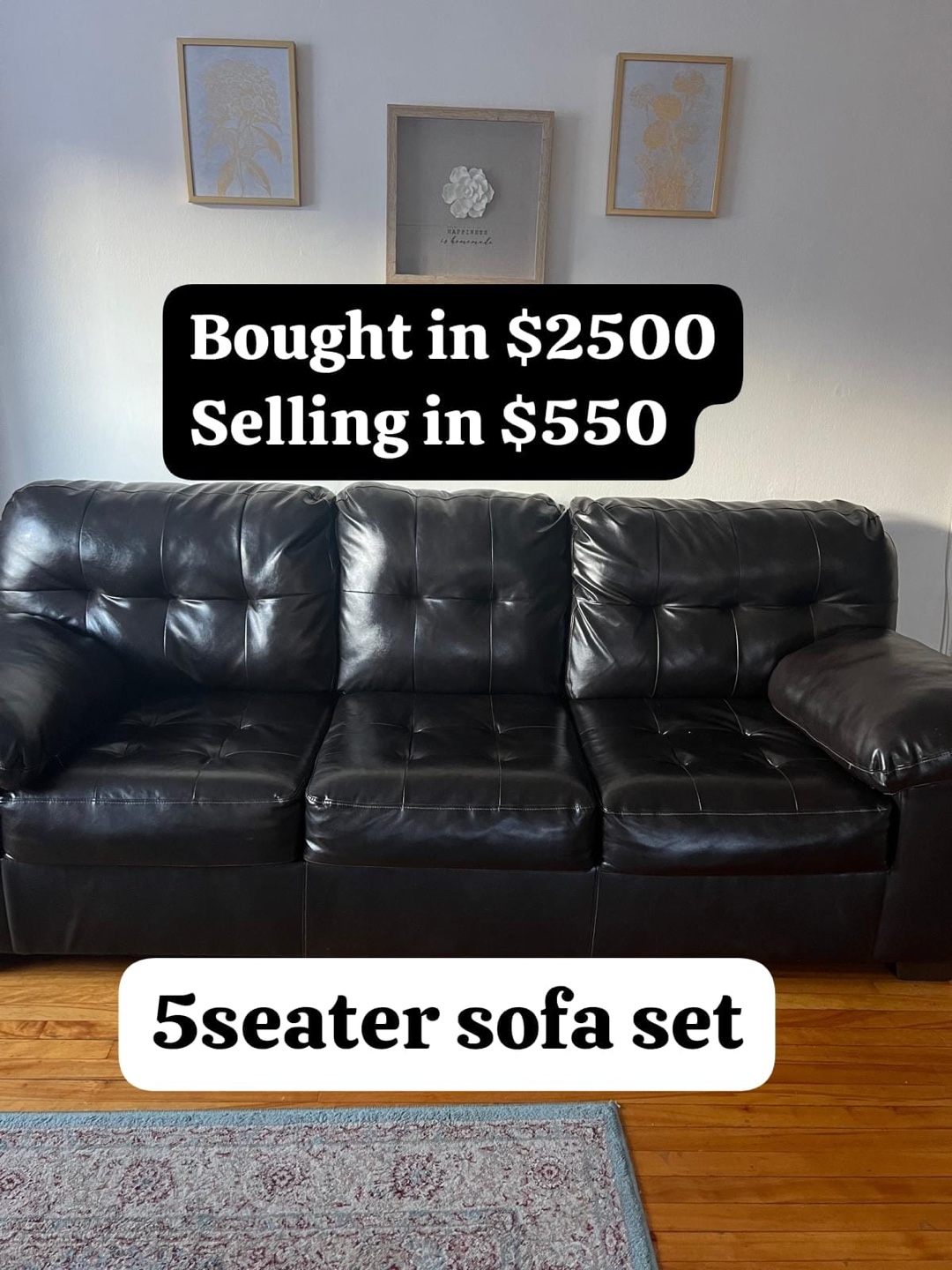 5 Seater Black Leather Sofa