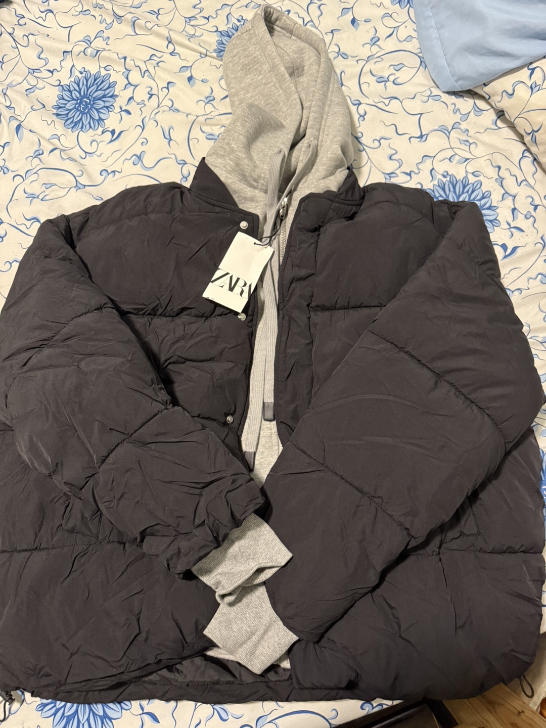Zara Black Puffer Jacket with Grey Hoodie