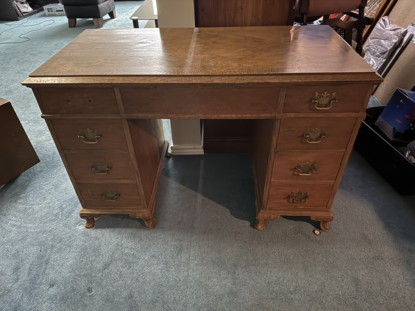 Vintage Wooden Desk with Six Drawers