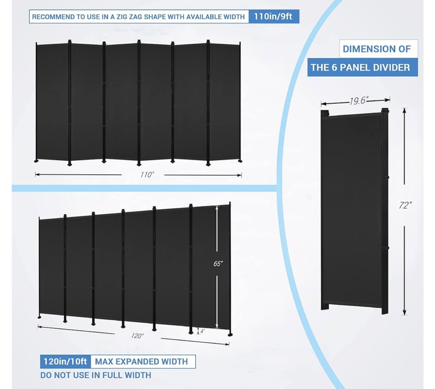 6 Panel Room Divider - Black - 72"H x 120"W