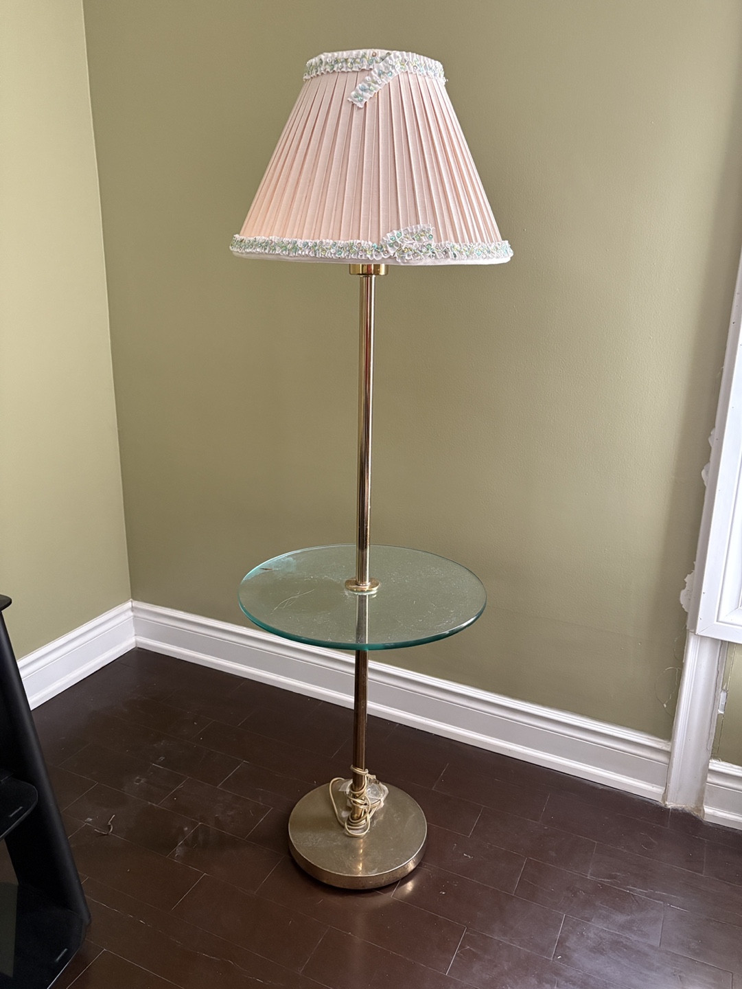Brass Floor Lamp with Glass Shelf and Pink Shade
