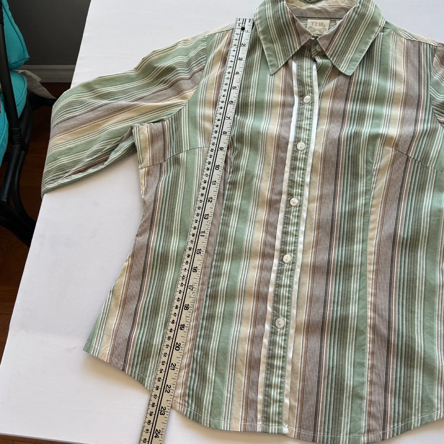 Y2 Blu Striped Long Sleeve Button Up Fitted Blouse Womens Size S image indicator(6)