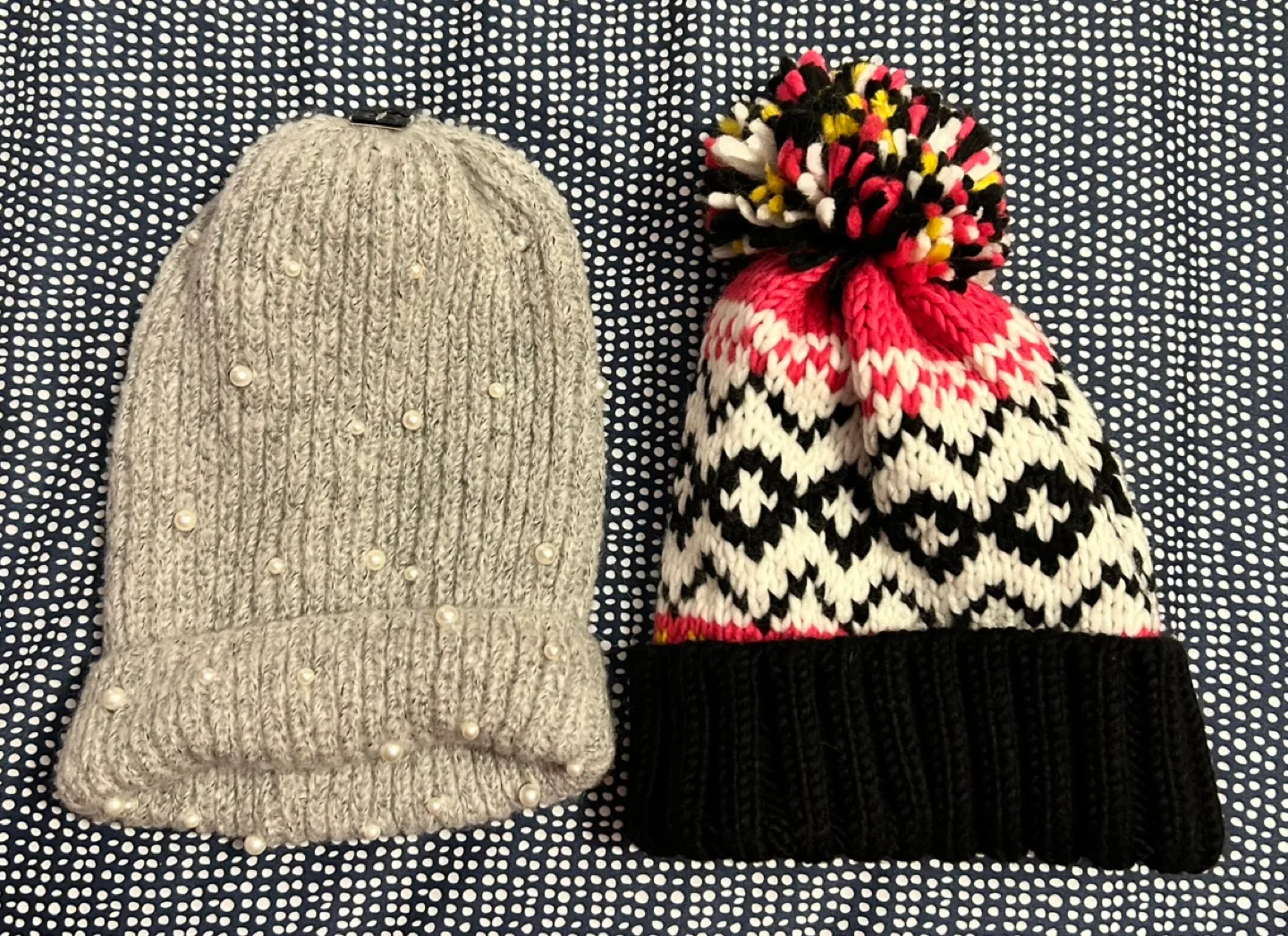 ✨✨Two Women's Knit Winter Hats - Grey Beaded & Colourful Pom-Pom image indicator(2)