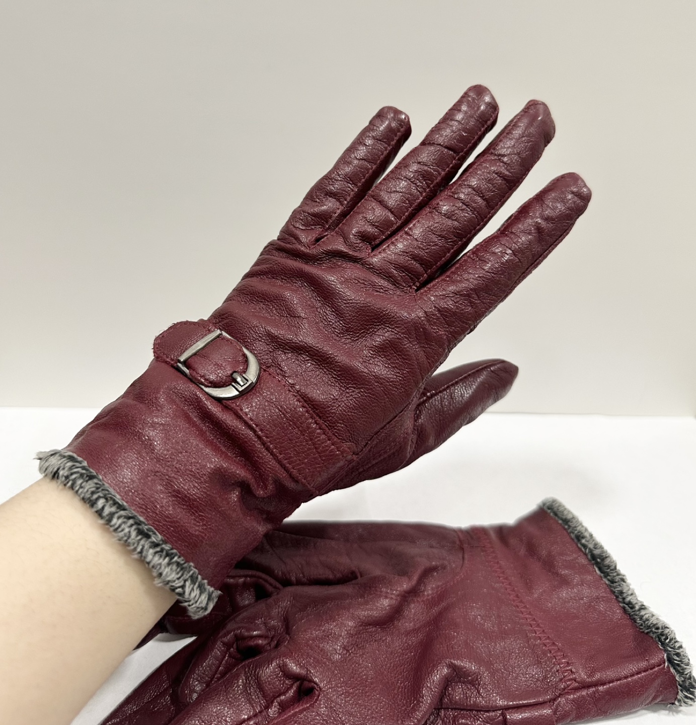Burgundy Leather Gloves with Faux Fur Cuff