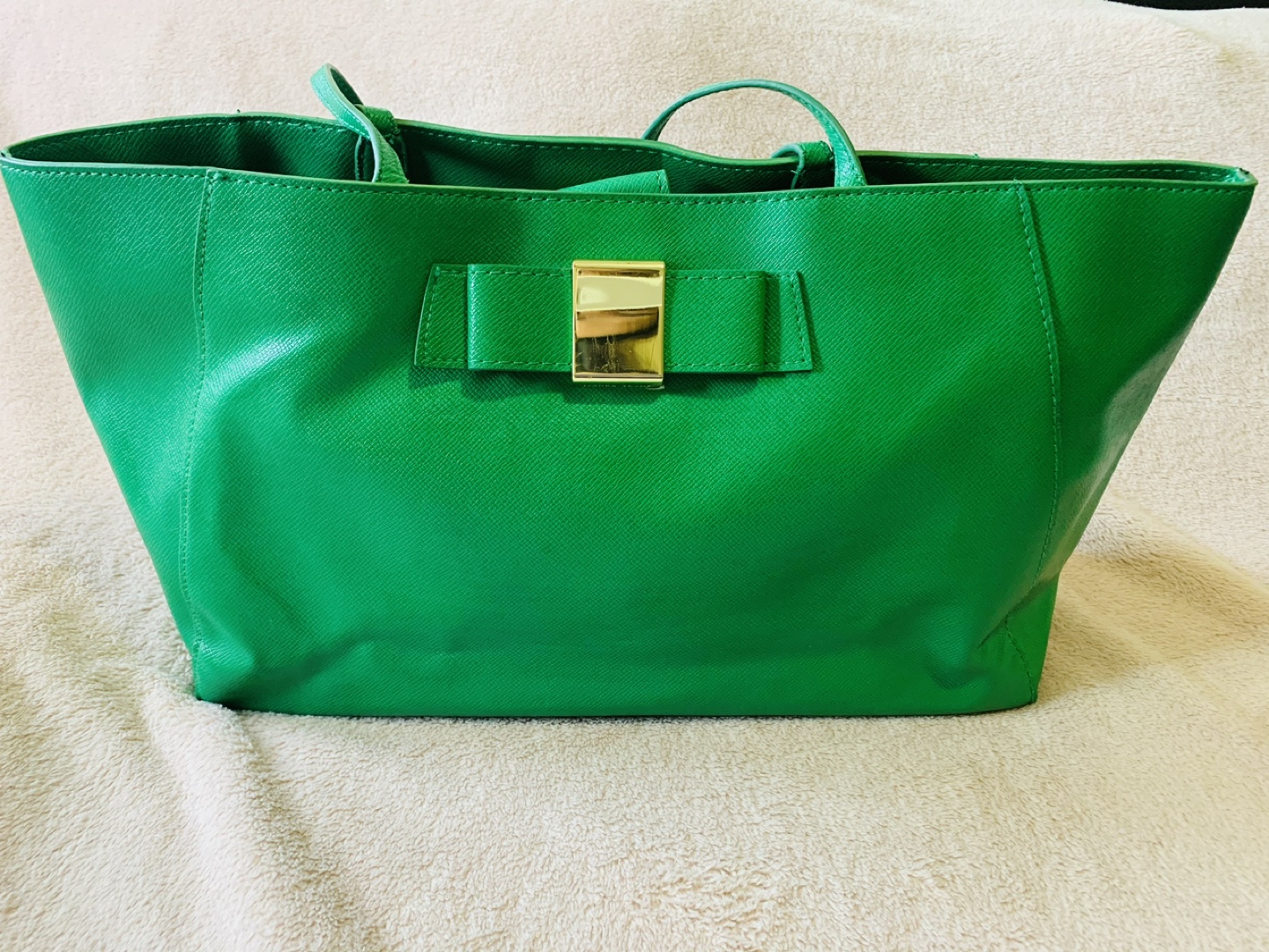Bright Green Tote Bag with Gold Bow Detail