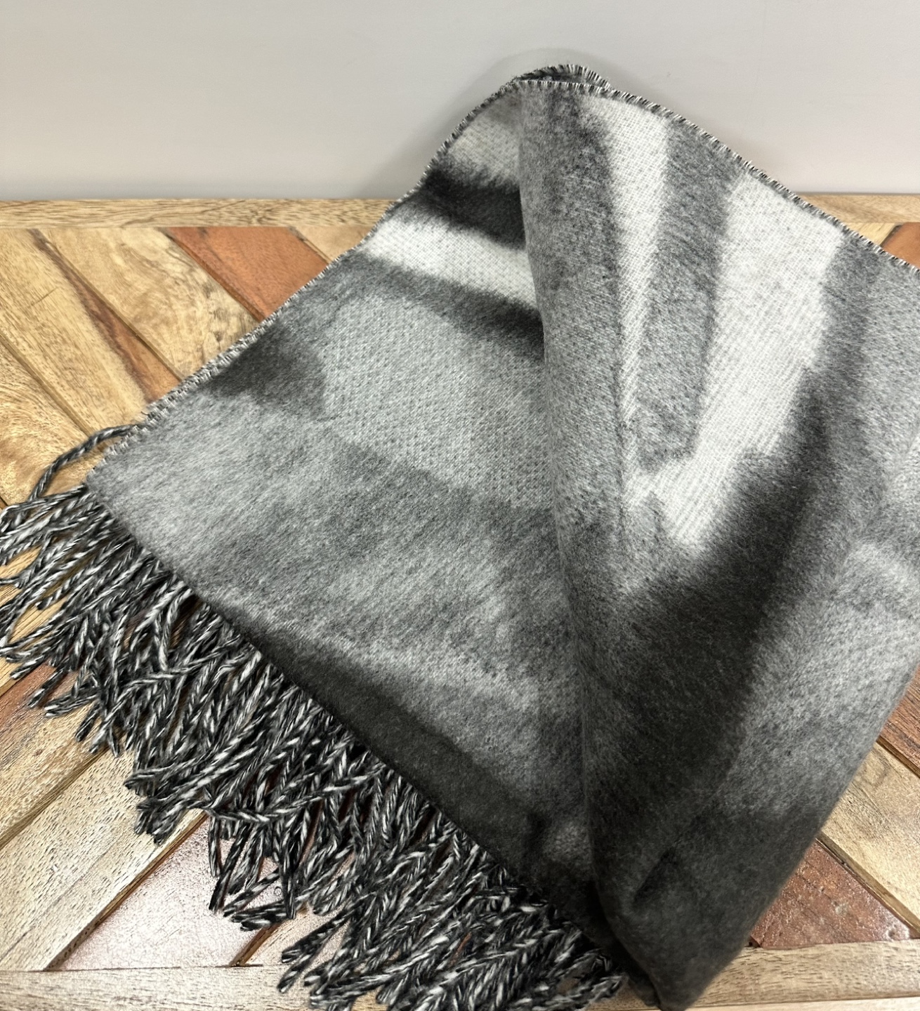 Grey and Black Abstract Pattern Scarf with Fringe - photo 2