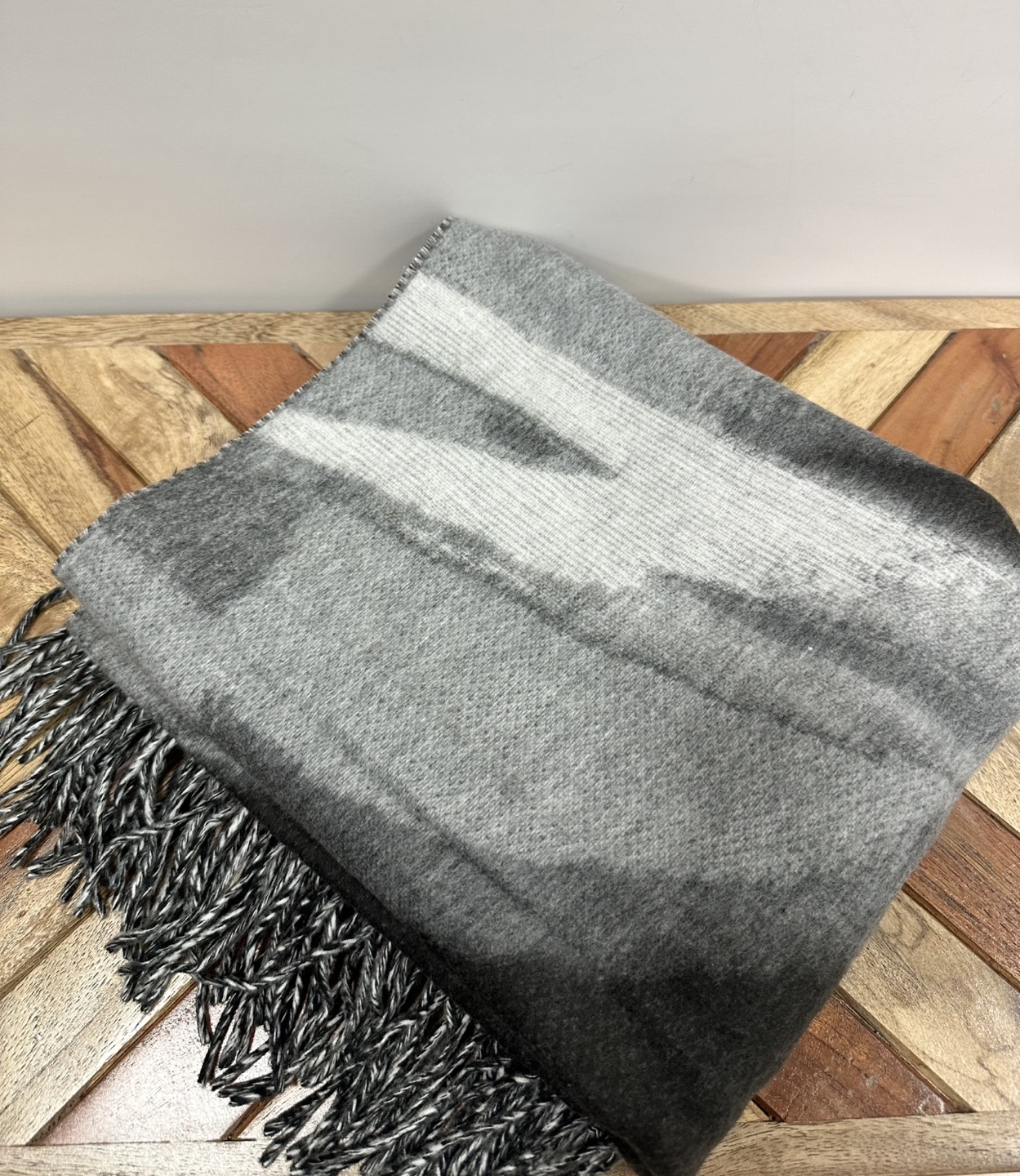 Grey and Black Abstract Pattern Scarf with Fringe