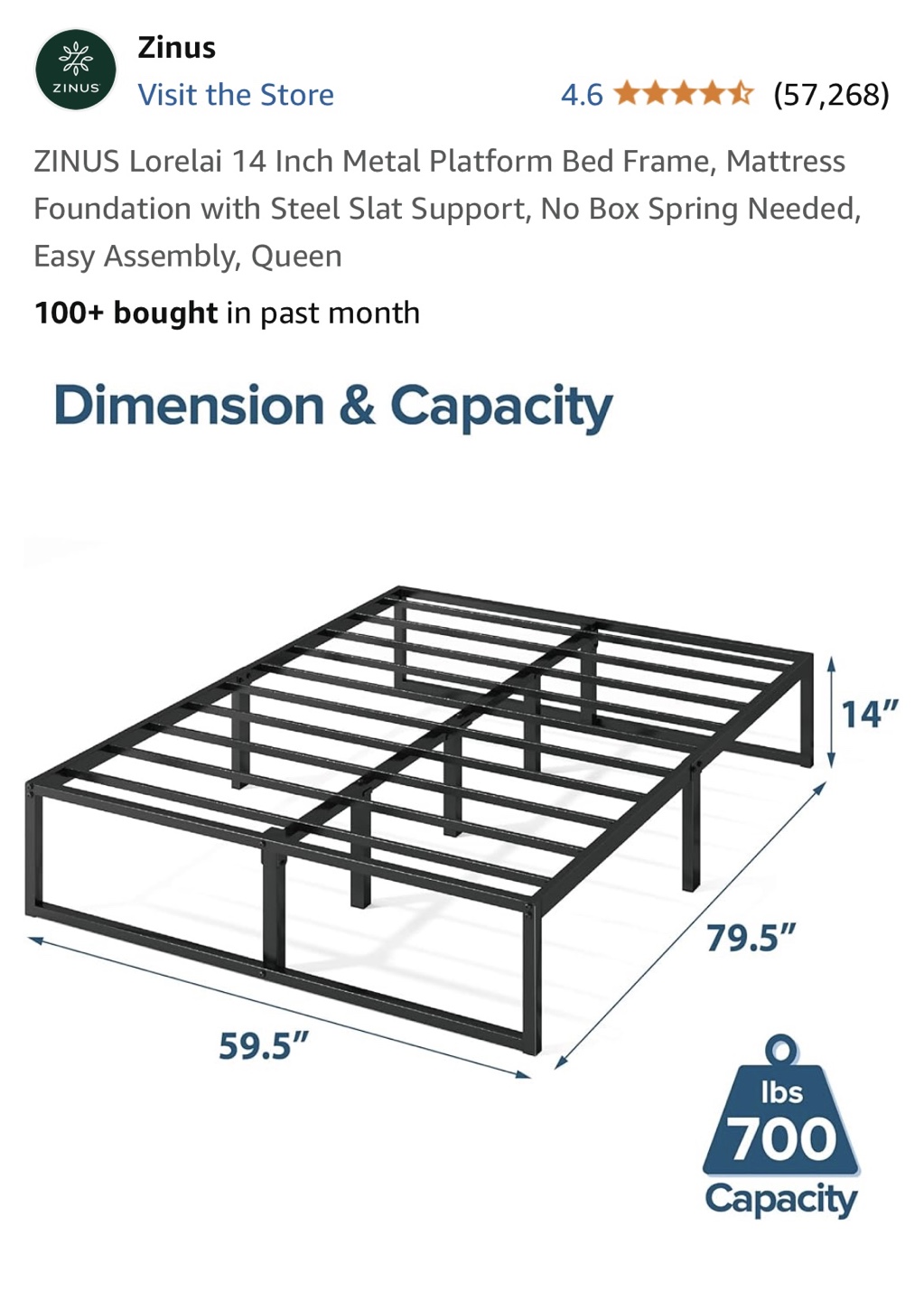 Zinus Lorelai 14 Inch Metal Platform Bed Frame, Queen
