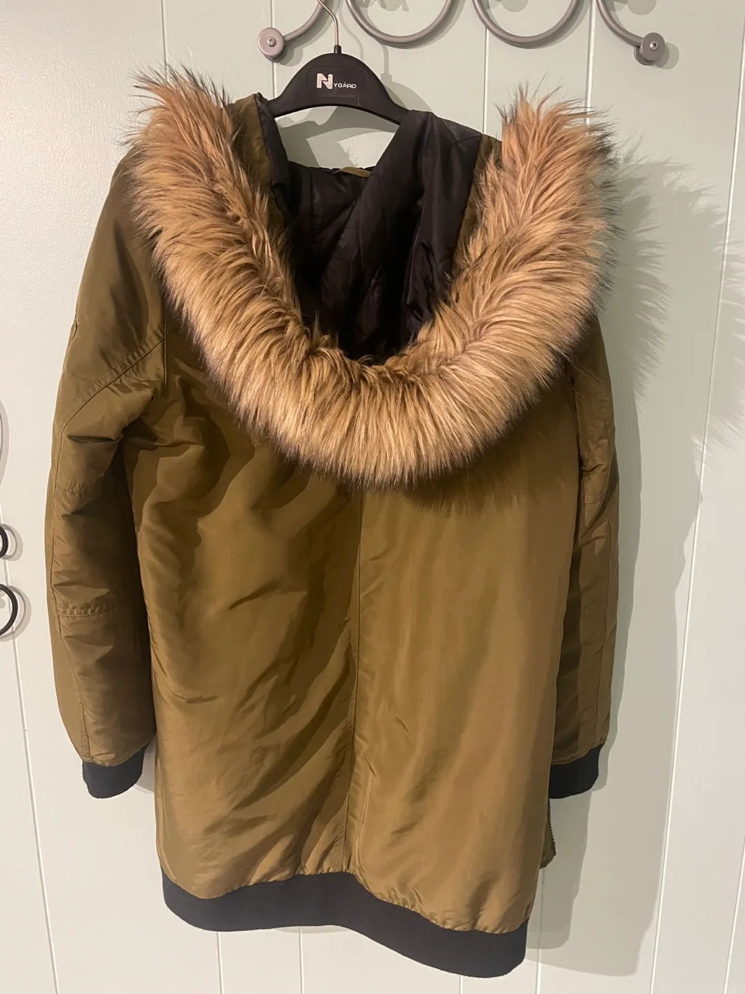 Vero Moda Olive Green Longline Bomber Jacket with Faux Fur Hood image indicator(3)