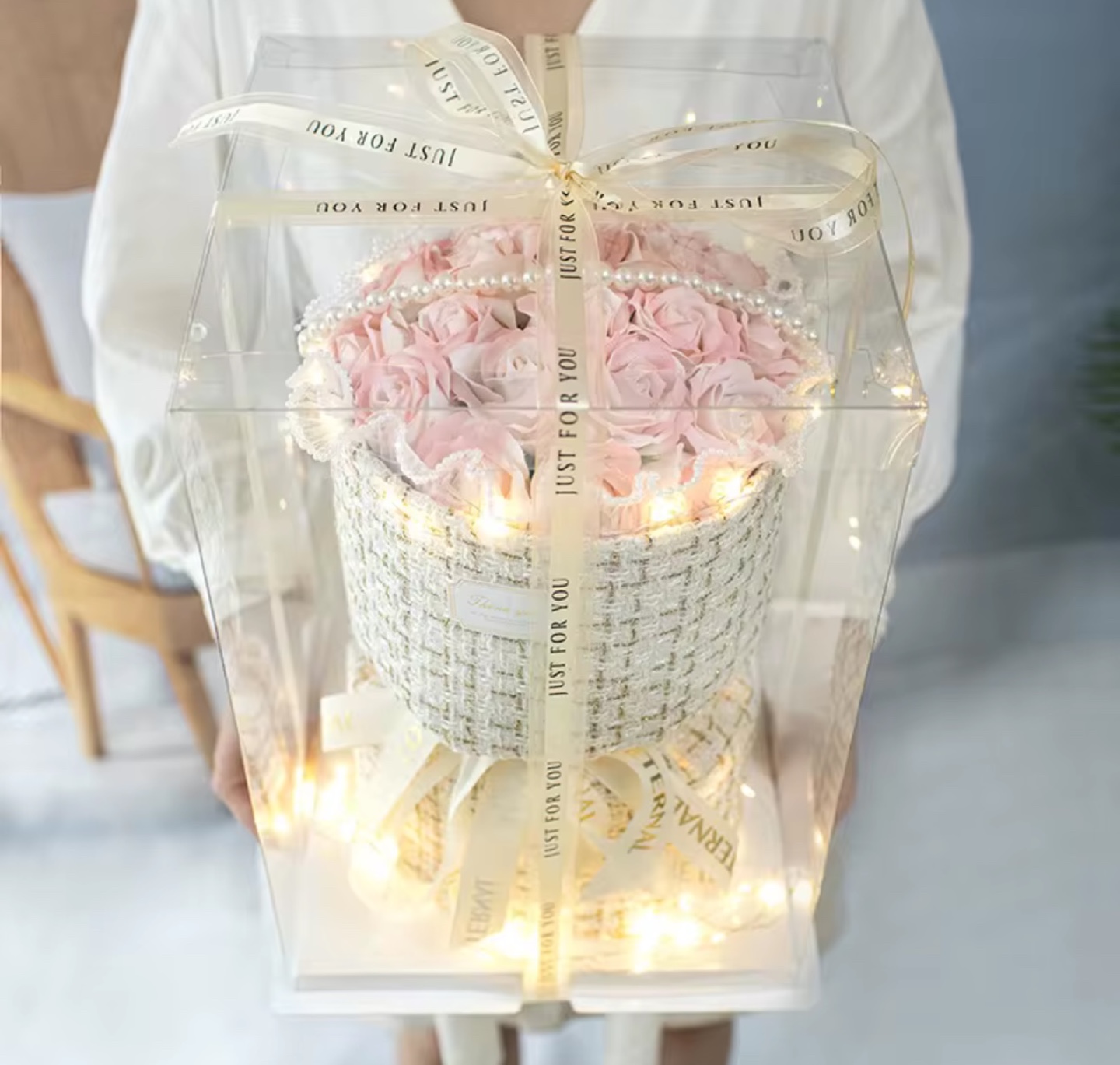 Rose Bouquet in a Clear Box with Lights