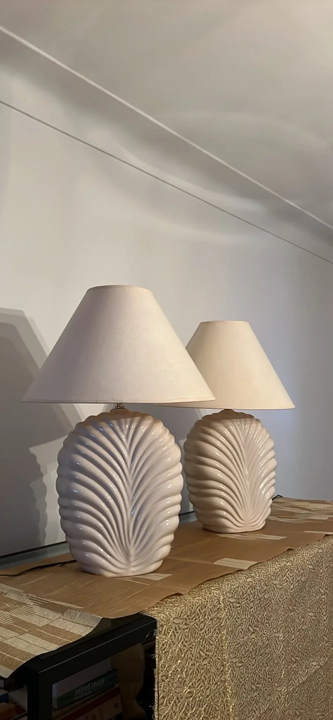 Pair of Vintage 80s Art Deco Revival Lamps with Cream Shades thumbnail