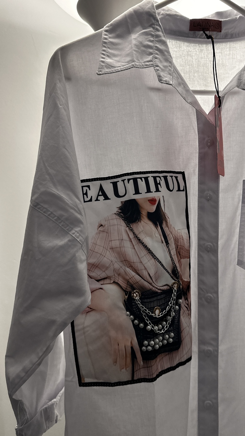 White Oversized Button-Down Shirt with Graphic Print - photo 2