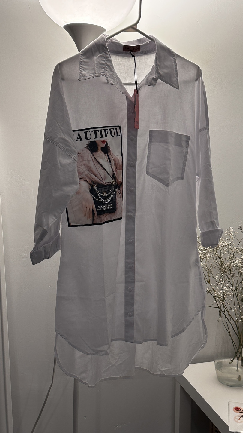 White Oversized Button-Down Shirt with Graphic Print