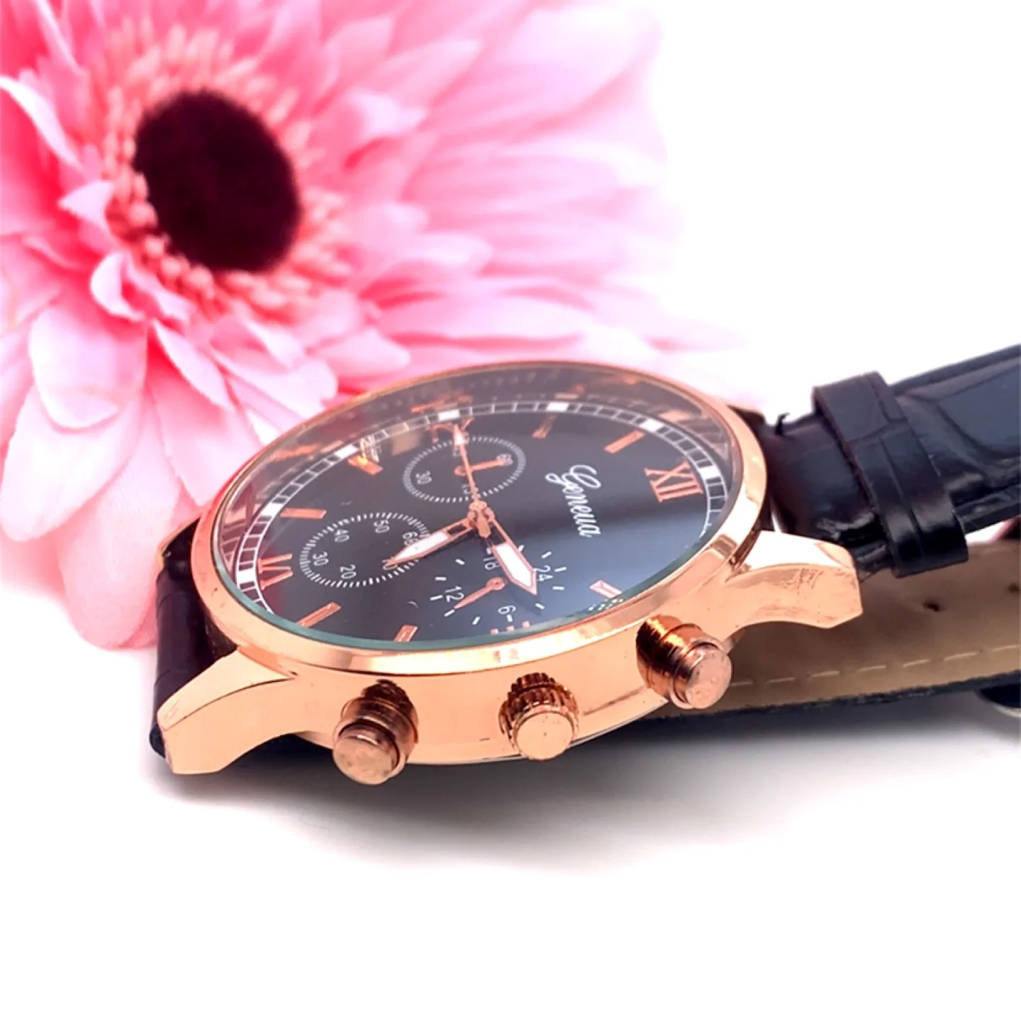 Geneva Rose Gold Chronograph Watch with Black Leather Band image indicator(3)