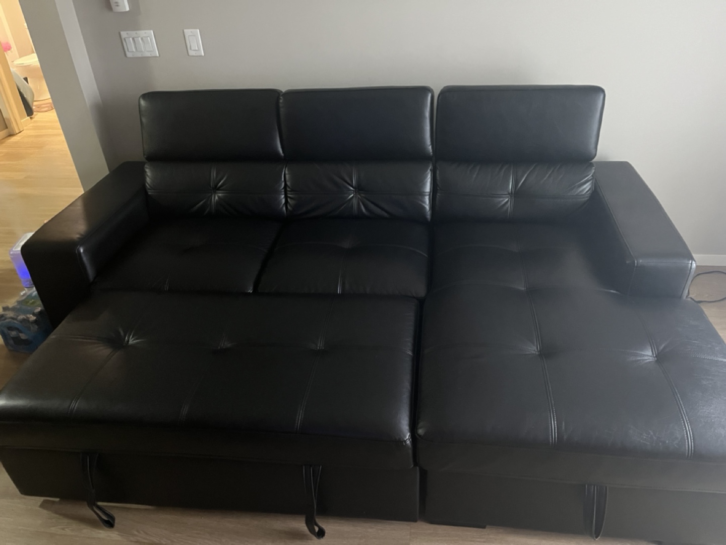 Black Leather Sectional Sofa with Pull-Out Bed - photo 5