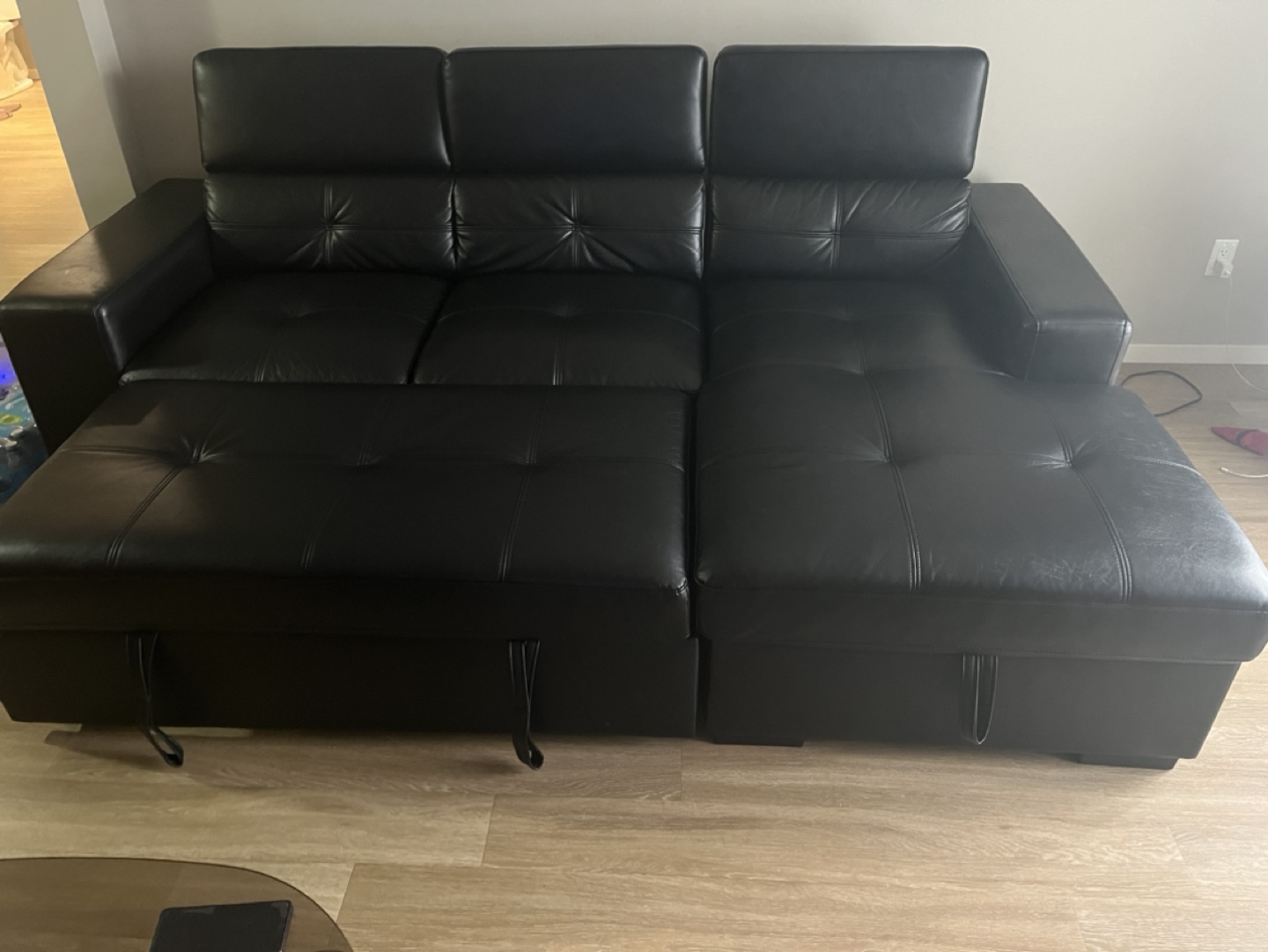 Black Leather Sectional Sofa with Pull-Out Bed - photo 4