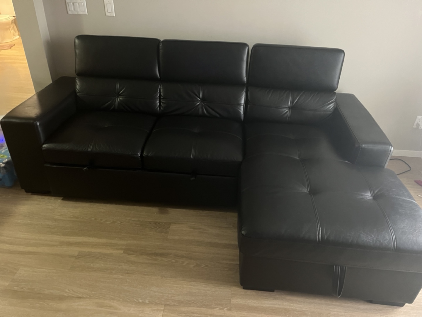 Black Leather Sectional Sofa with Pull-Out Bed - photo 3