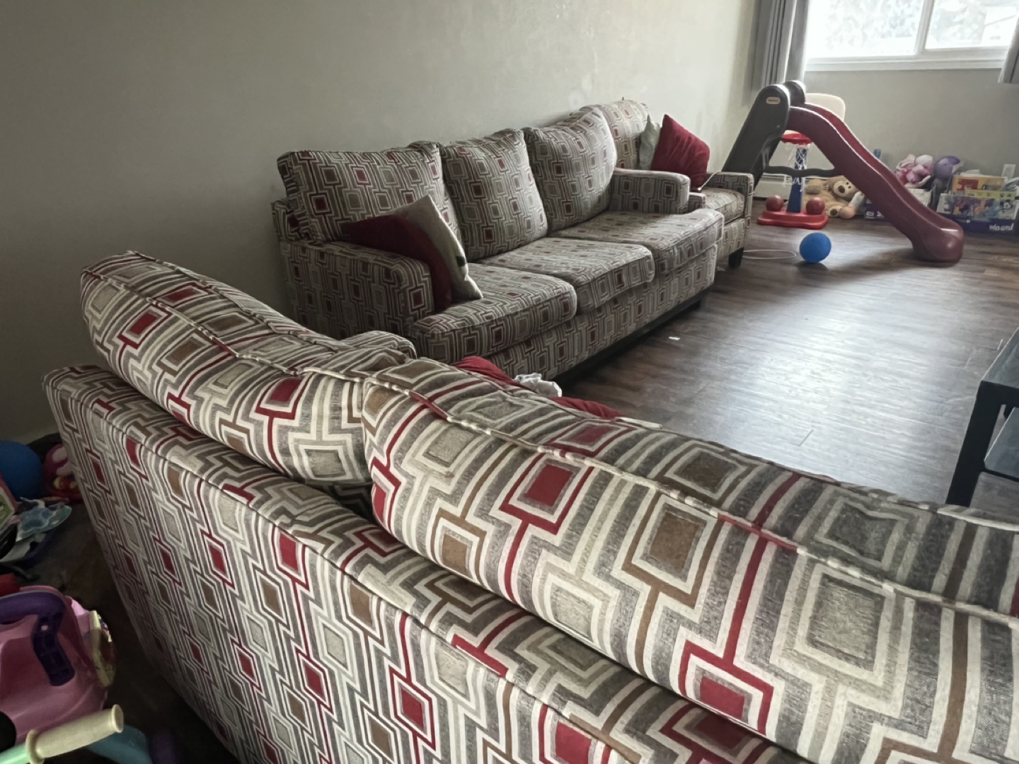 Sectional Sofa - Red and Grey Geometric Pattern