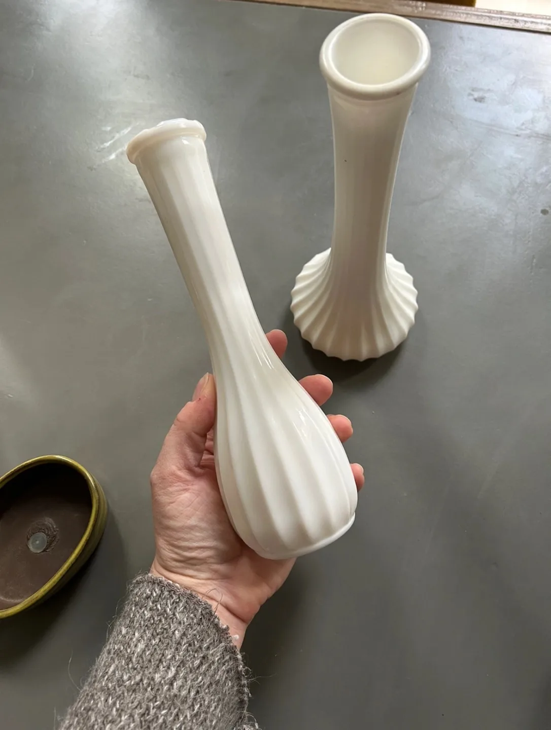 Pair of Vintage Hobstar Milk Glass Bud Vases image indicator(3)