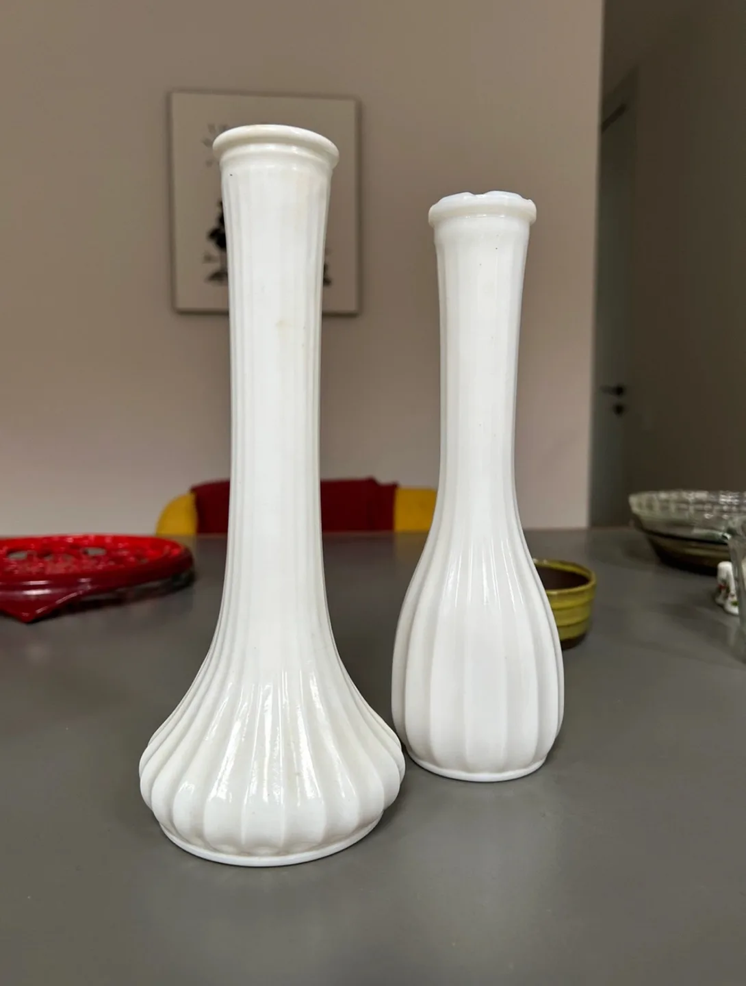 Pair of Vintage Hobstar Milk Glass Bud Vases image indicator(2)