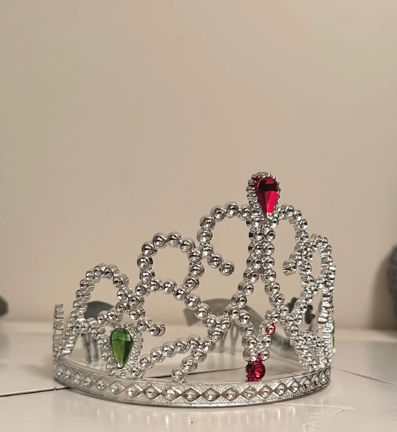 Silver Princess Tiara Crown with Red and Green Gems image indicator(3)
