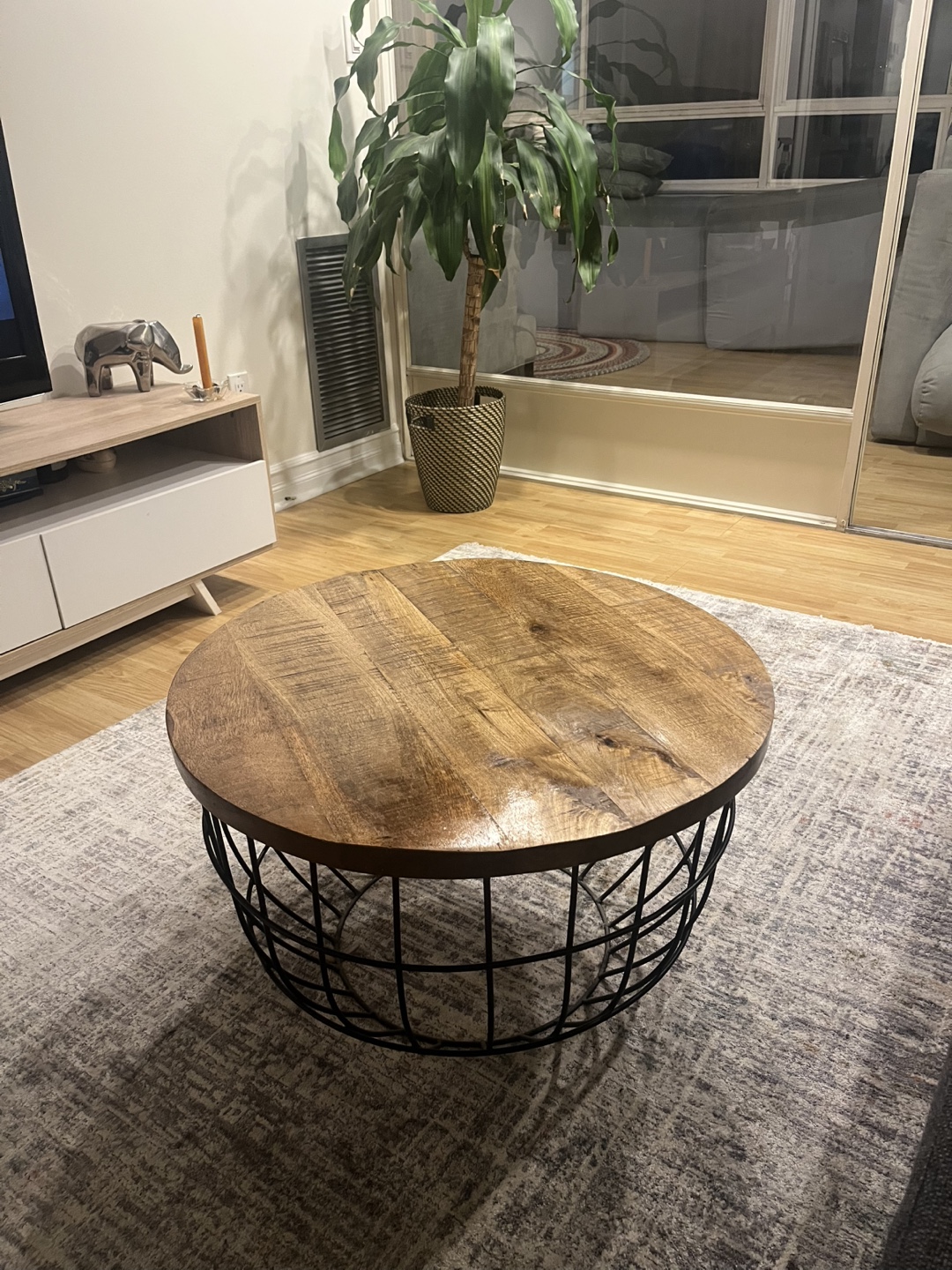 Round Wooden Coffee Table with Metal Base - photo 2