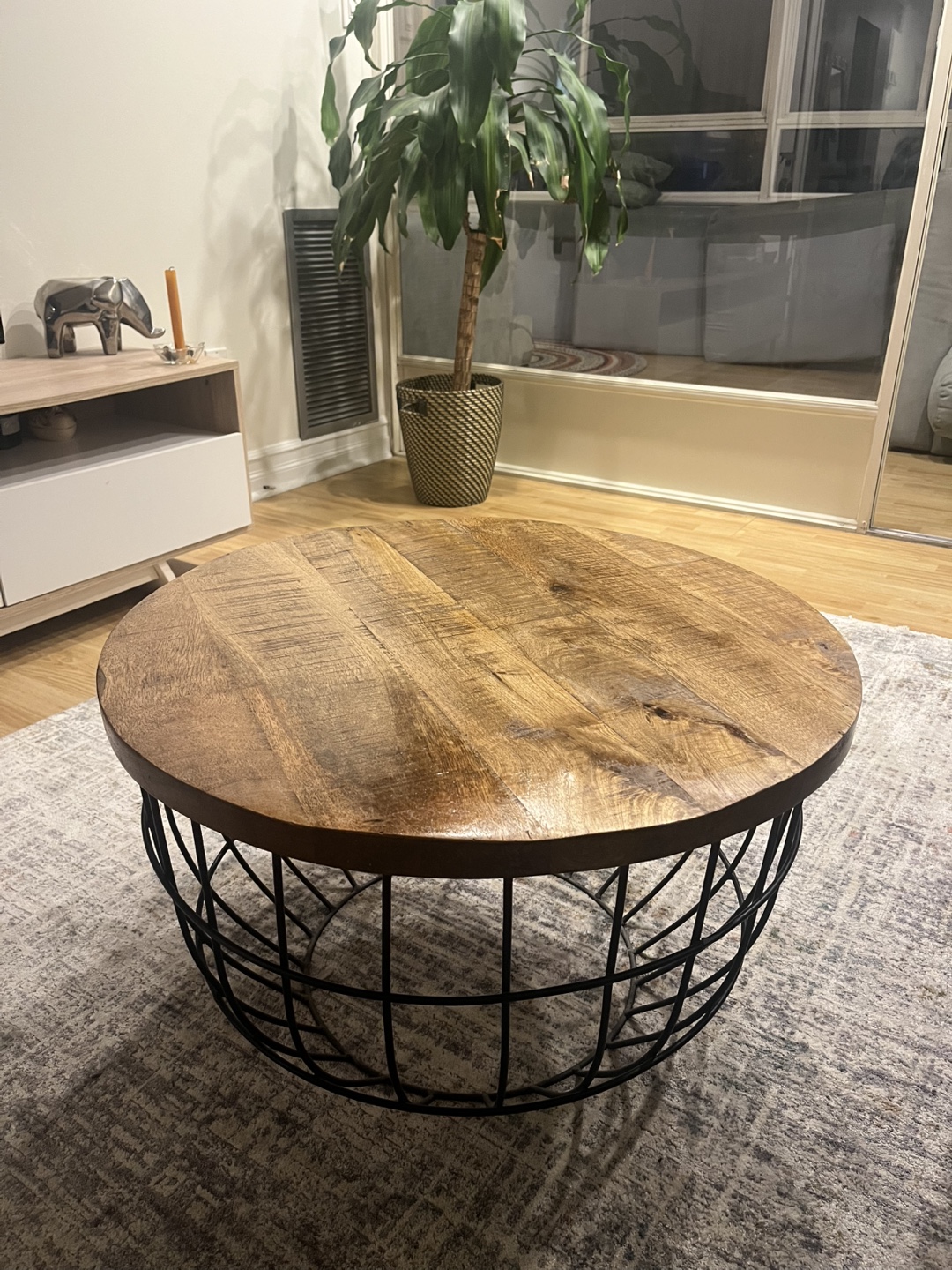 Round Wooden Coffee Table with Metal Base