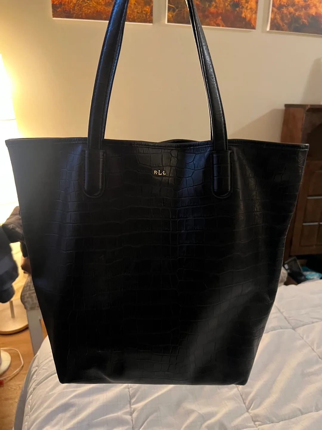 RL Lauren Black Crocodile-Embossed Tote Bag thumbnail