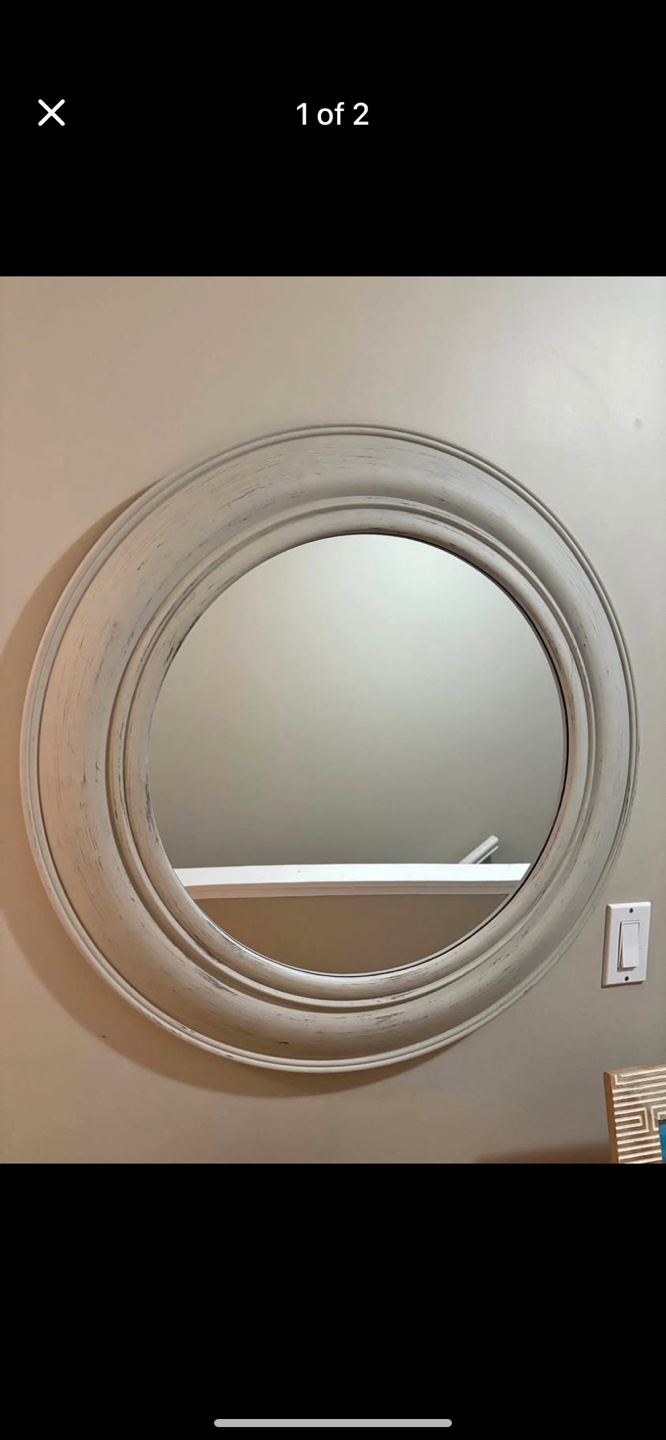 Round Wall Mirror with Distressed White Frame